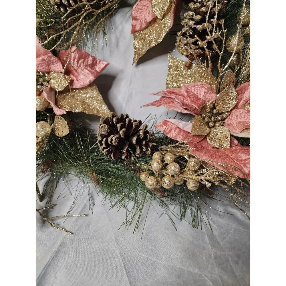 Elegant Champagne Christmas Wreath Front Door Gold Pine Cones Berries 22
